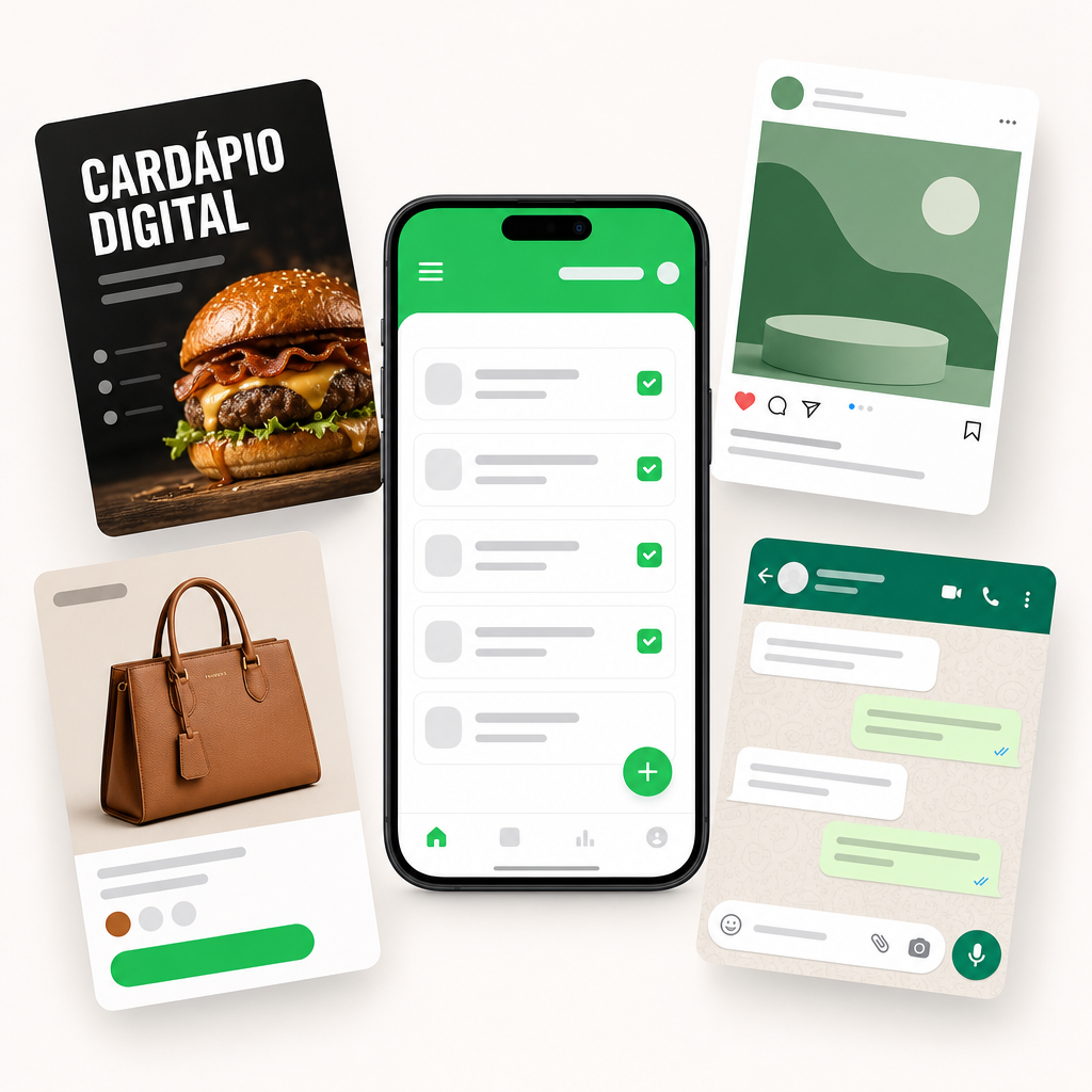 Mockup do Kit Renda Pronta: celular com modelos de cardápio digital, catálogo, artes para Instagram e mensagens de WhatsApp